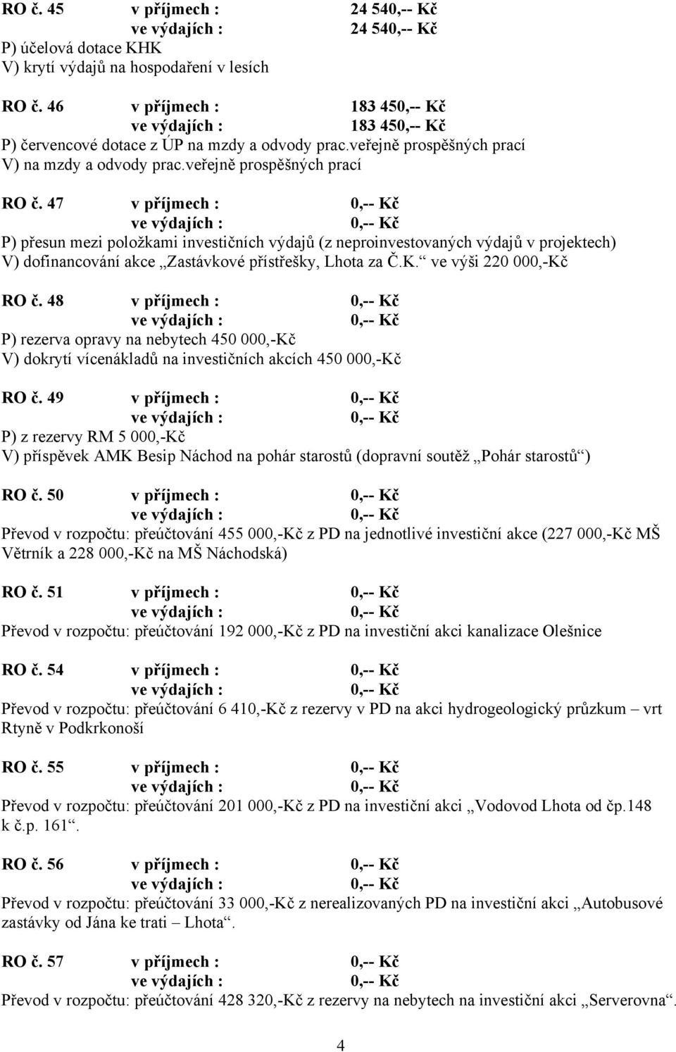 47 v příjmech : P) přesun mezi položkami investičních výdajů (z neproinvestovaných výdajů v projektech) V) dofinancování akce Zastávkové přístřešky, Lhota za Č.K. ve výši 220 000,-Kč RO č.