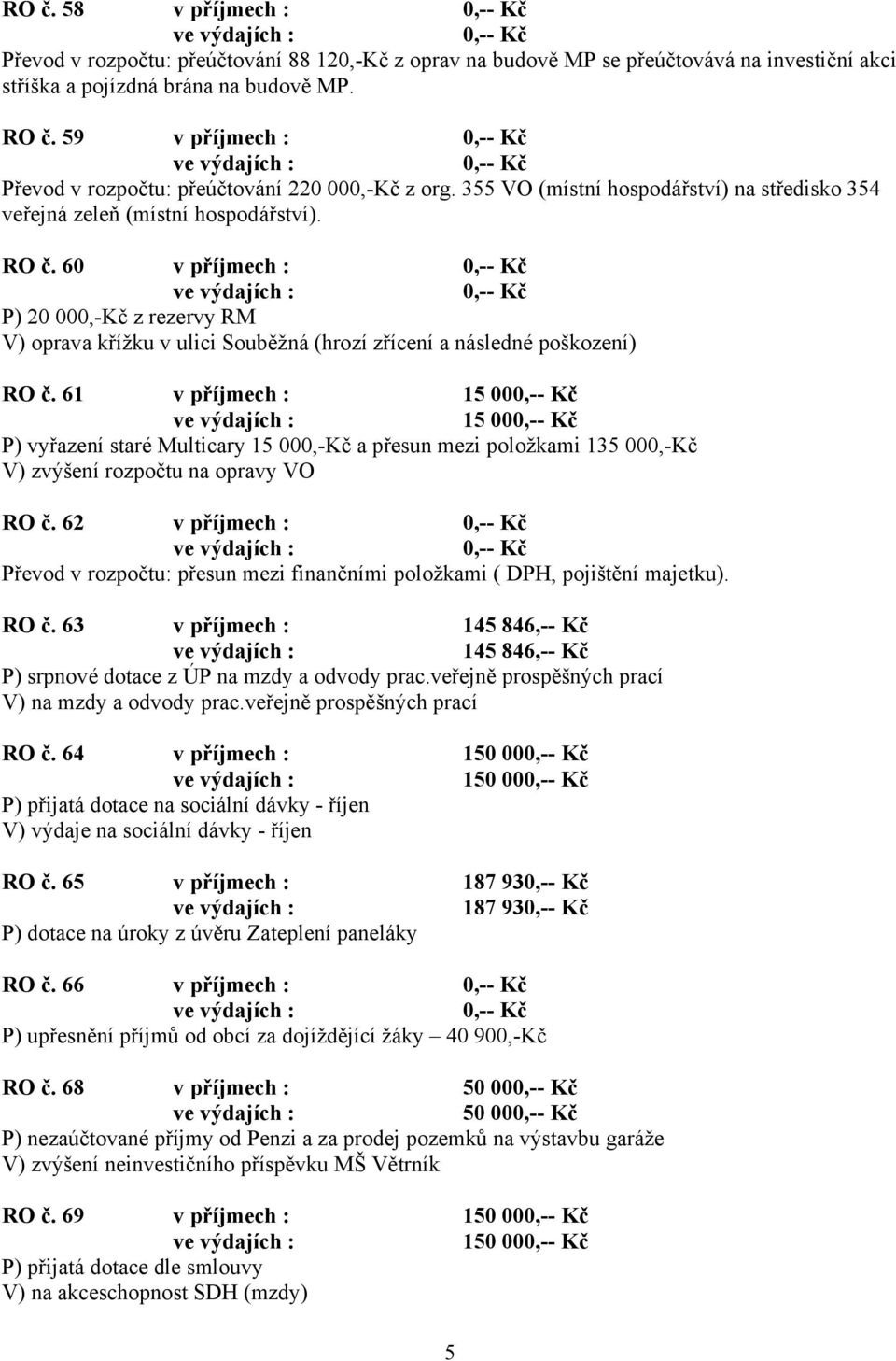 60 v příjmech : P) 20 000,-Kč z rezervy RM V) oprava křížku v ulici Souběžná (hrozí zřícení a následné poškození) RO č.