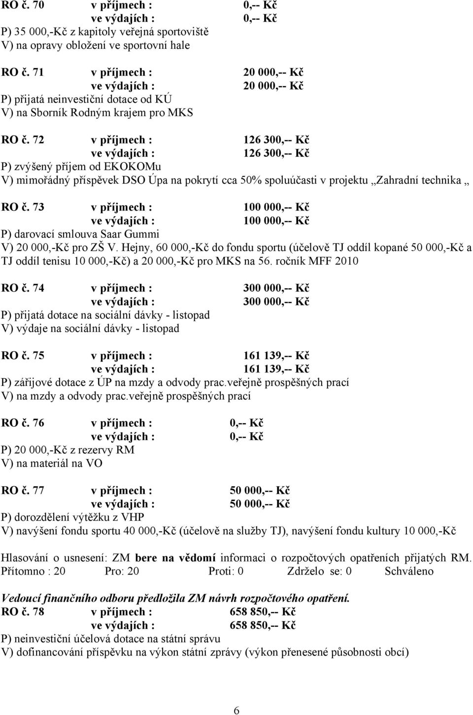 72 v příjmech : 126 30 126 30 P) zvýšený příjem od EKOKOMu V) mimořádný příspěvek DSO Úpa na pokrytí cca 50% spoluúčasti v projektu Zahradní technika RO č.