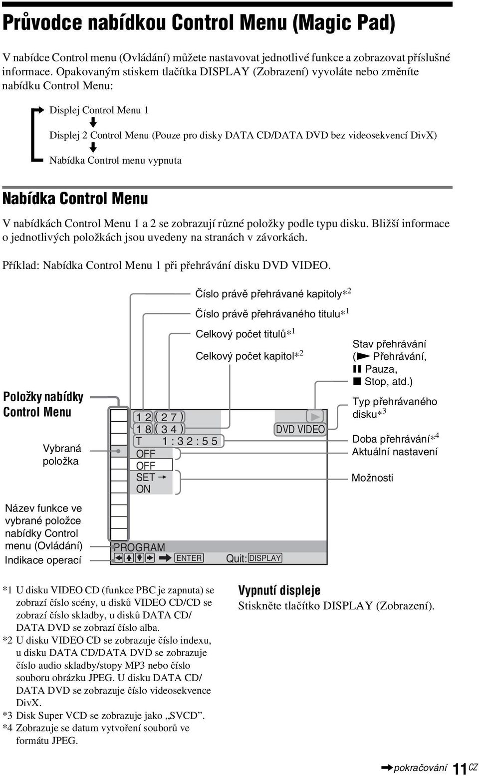 m Nabídka Control menu vypnuta Nabídka Control Menu V nabídkách Control Menu 1 a 2 se zobrazují různé položky podle typu disku.