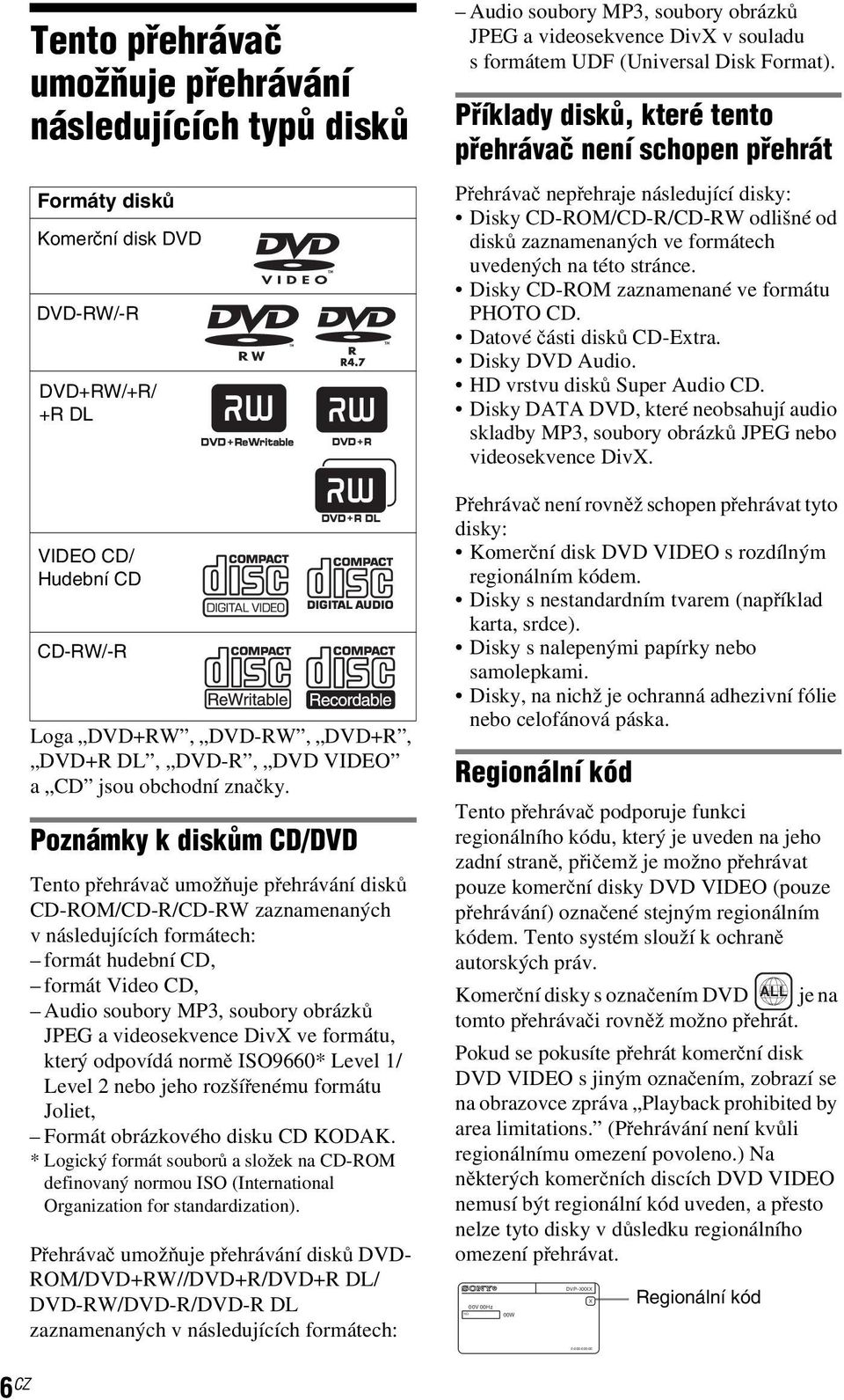 Poznámky k diskům CD/DVD Tento přehrávač umožňuje přehrávání disků CD-ROM/CD-R/CD-RW zaznamenaných v následujících formátech: formát hudební CD, formátvideocd, Audio soubory MP3, soubory obrázků JPEG
