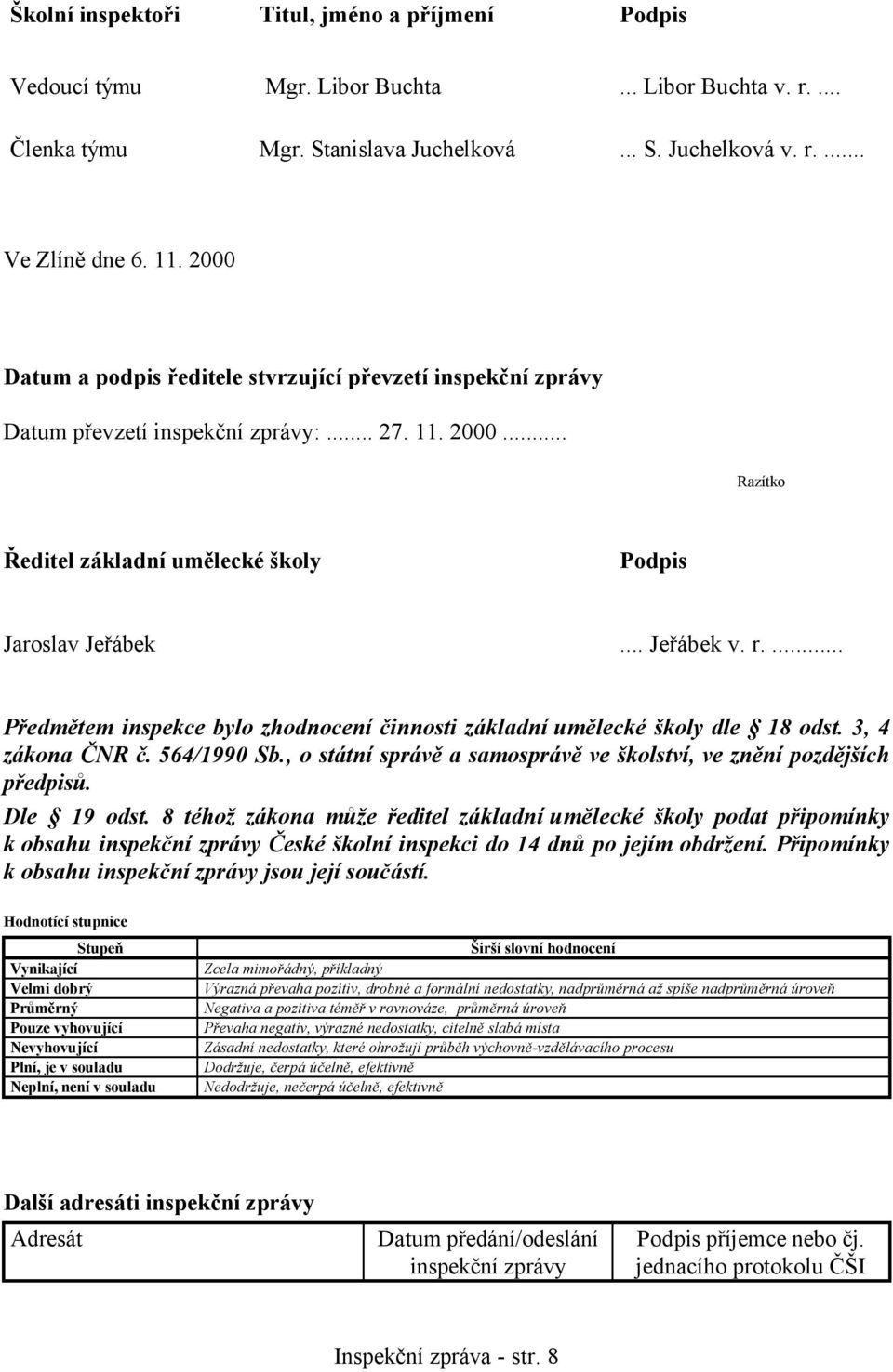 ... Předmětem inspekce bylo zhodnocení činnosti základní umělecké školy dle 18 odst. 3, 4 zákona ČNR č. 564/1990 Sb., o státní správě a samosprávě ve školství, ve znění pozdějších předpisů.