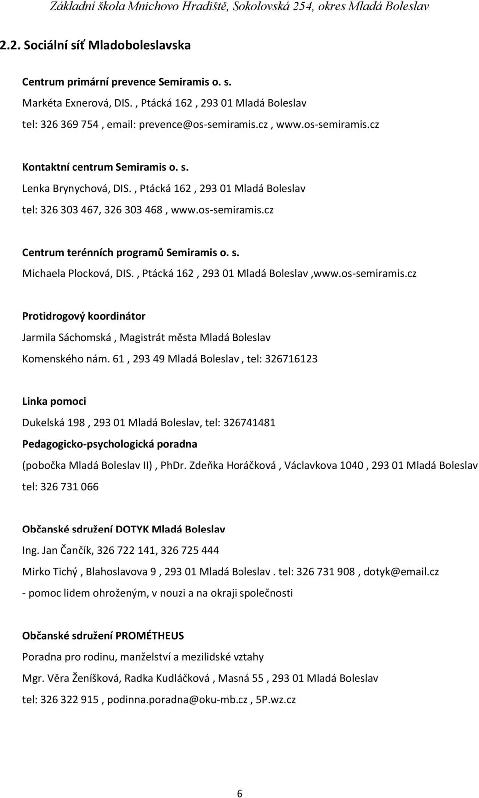 s. Michaela Plocková, DIS., Ptácká 162, 293 01 Mladá Boleslav,www.os-semiramis.cz Protidrogový koordinátor Jarmila Sáchomská, Magistrát města Mladá Boleslav Komenského nám.