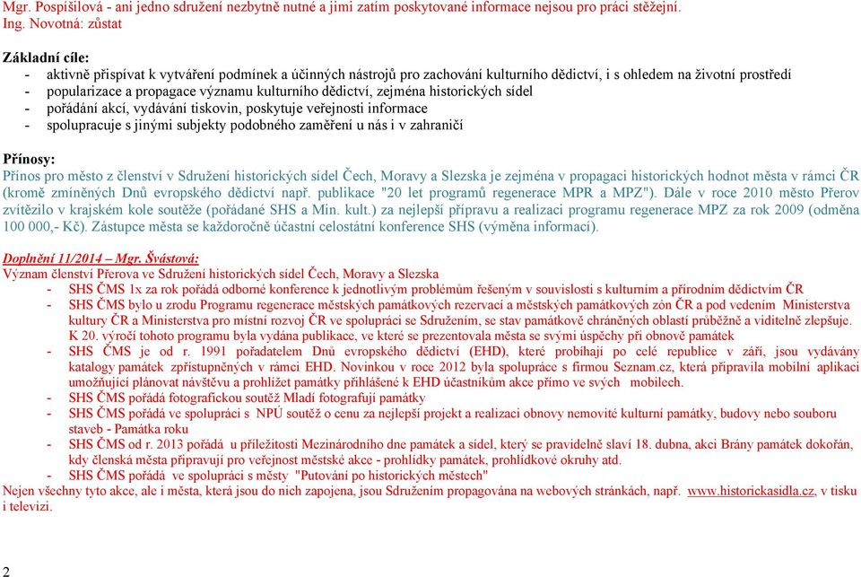 kulturního dědictví, zejména historických sídel - pořádání akcí, vydávání tiskovin, poskytuje veřejnosti informace - spolupracuje s jinými subjekty podobného zaměření u nás i v zahraničí Přínosy: