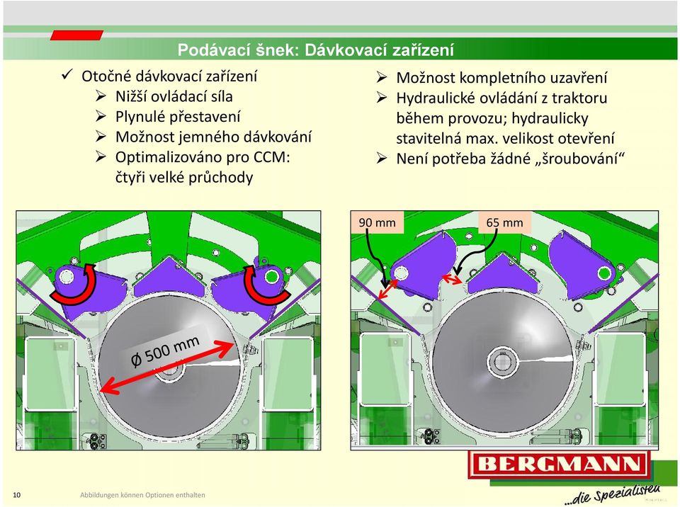 průchody Možnost kompletního uzavření Hydraulické ovládání z traktoru během