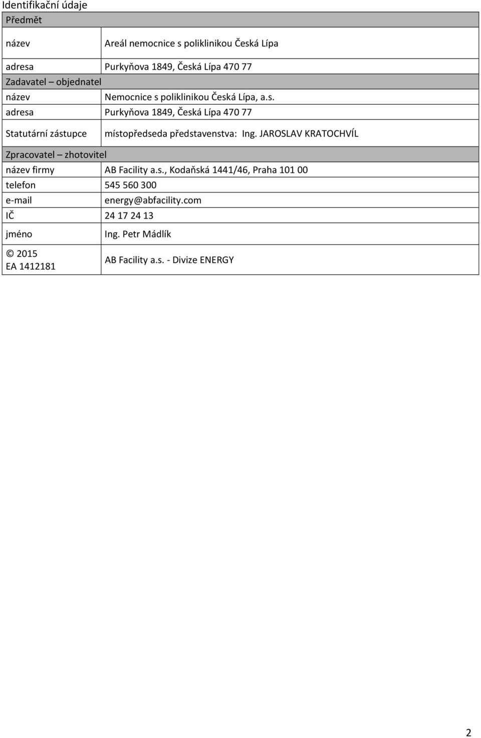 JAROSLAV KRATOCHVÍL Zpracovatel zhotovitel název firmy AB Facility a.s.