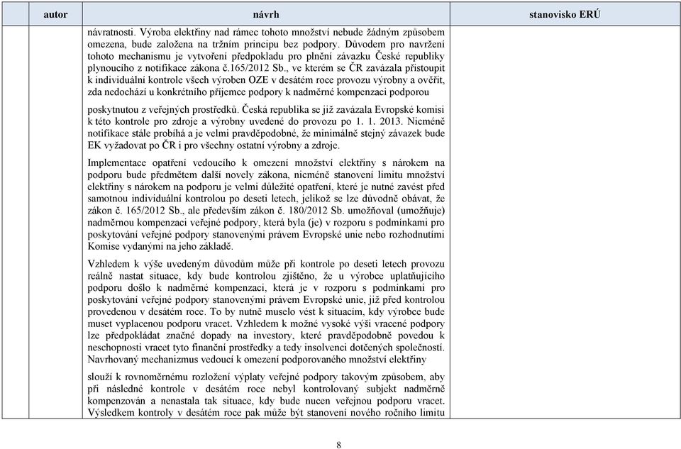 , ve kterém se ČR zavázala přistoupit k individuální kontrole všech výroben OZE v desátém roce provozu výrobny a ověřit, zda nedochází u konkrétního příjemce podpory k nadměrné kompenzaci podporou