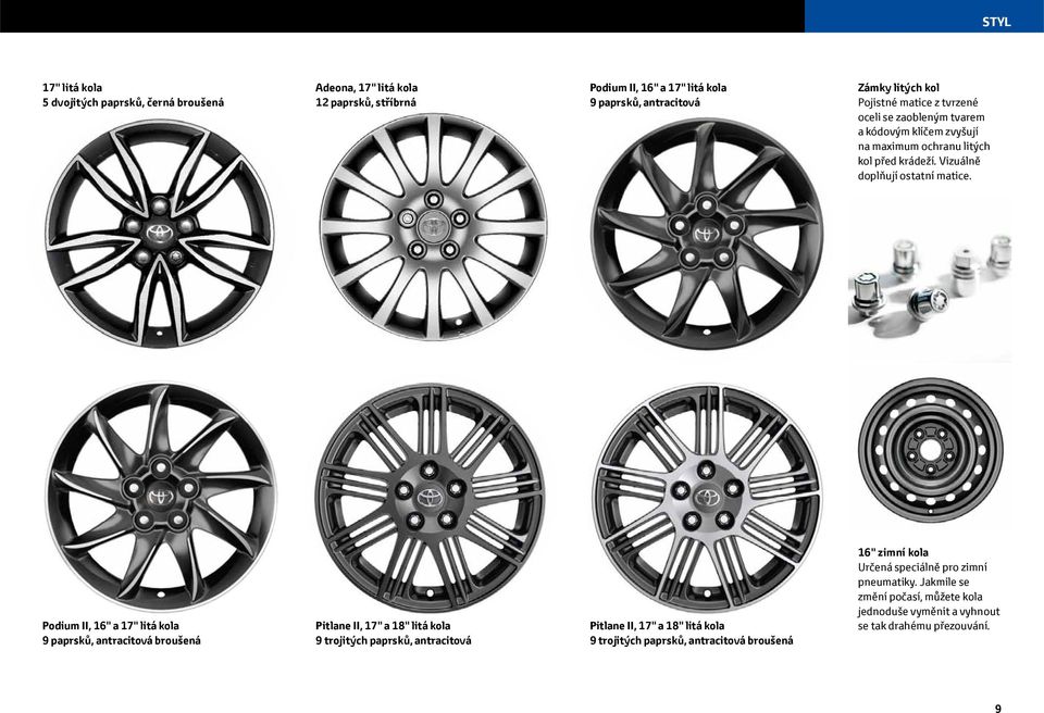 Podium II, 16" a 17" litá kola 9 paprsků, antracitová broušená Pitlane II, 17" a 18" litá kola 9 trojitých paprsků, antracitová Pitlane II, 17" a 18" litá kola 9