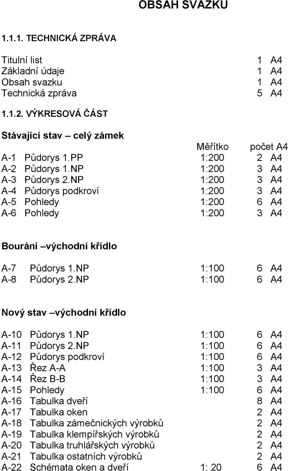 NP 1:100 6 A4 A-8 Půdorys 2.NP 1:100 6 A4 Nový stav východní křídlo A-10 Půdorys 1.NP 1:100 6 A4 A-11 Půdorys 2.