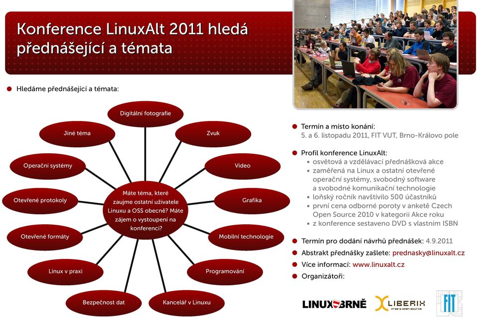 Mobilní technologie Otevřené formáty Profil konference LinuxAlt: osvětová a vzdělávací přednášková akce zaměřená na Linux a ostatní otevřené operační systémy, svobodný software a svobodné komunikační