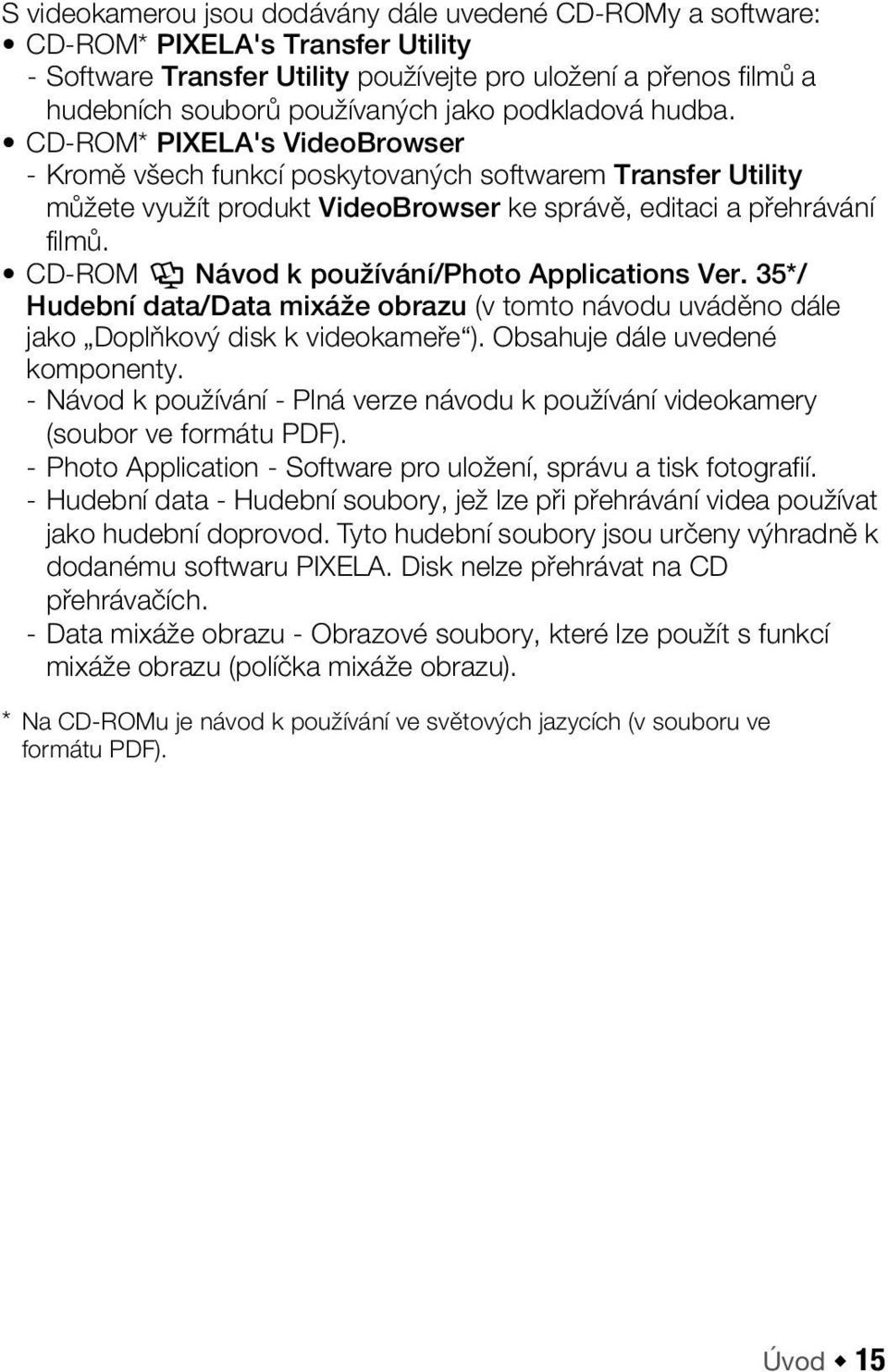 CD-ROM Y Návod k používání/photo Applications Ver. 35*/ Hudební data/data mixáže obrazu (v tomto návodu uváděno dále jako Doplňkový disk k videokameře ). Obsahuje dále uvedené komponenty.