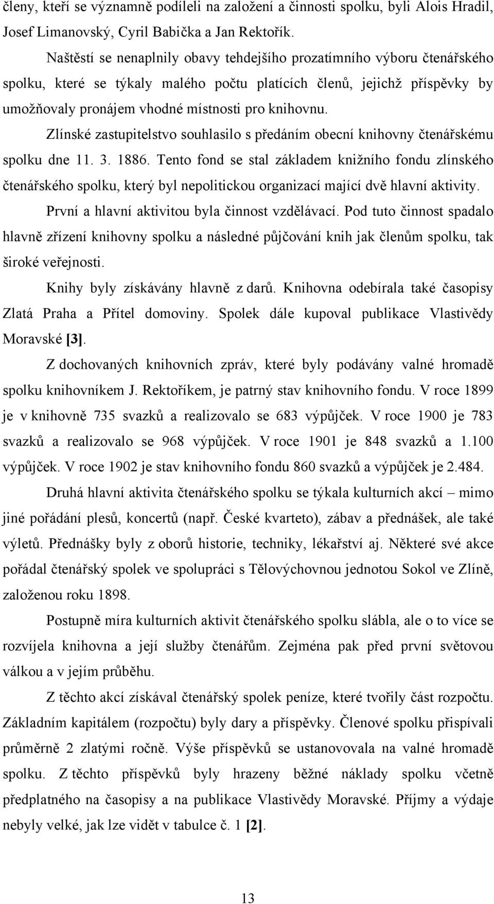 Zlínské zastupitelstvo souhlasilo s předáním obecní knihovny čtenářskému spolku dne 11. 3. 1886.