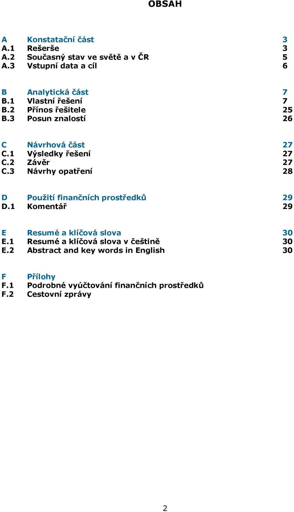 3 Návrhy opatření 28 D Použití finančních prostředků 29 D.1 Komentář 29 E Resumé a klíčová slova 30 E.