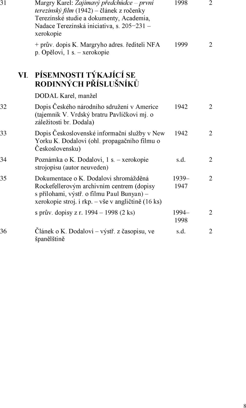 Vrdský bratru Pavlíčkovi mj. o záležitosti br. Dodala) 33 Dopis Československé informační služby v New Yorku K. Dodalovi (ohl. propagačního filmu o Československu) 34 Poznámka o K. Dodalovi, 1 s.