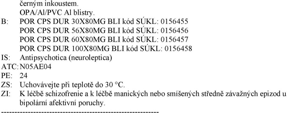 60X80MG BLI kód SÚKL: 0156457 POR CPS DUR 100X80MG BLI kód SÚKL: 0156458 IS: Antipsychotica