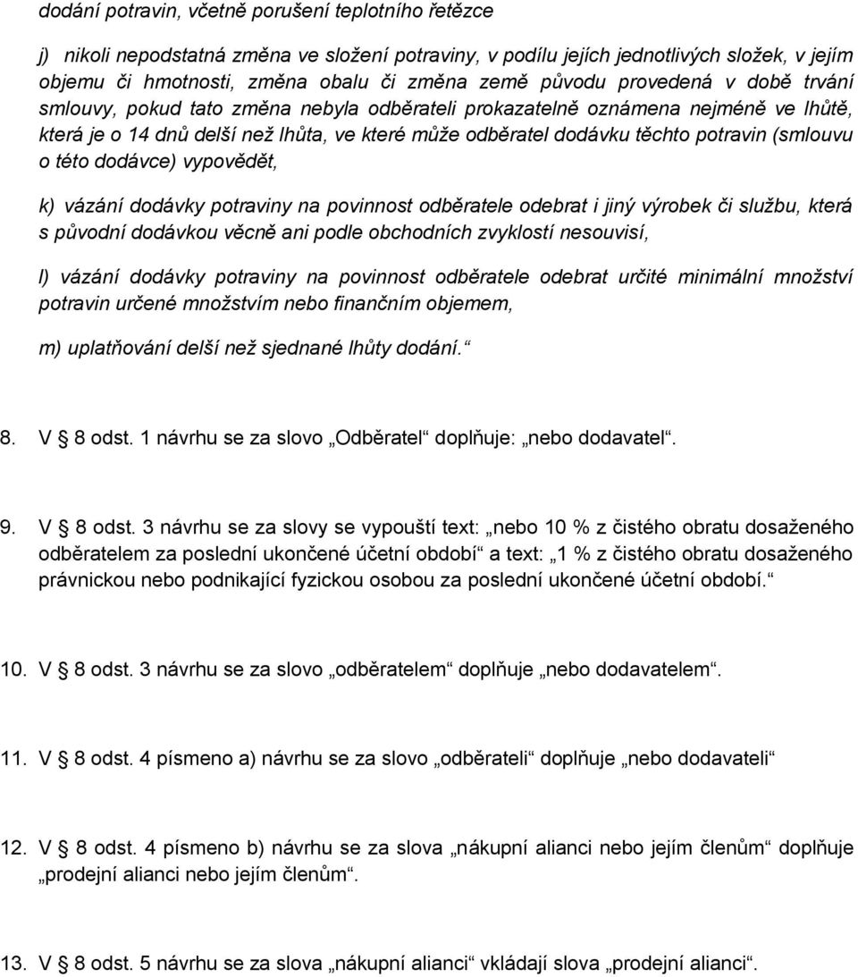 (smlouvu o této dodávce) vypovědět, k) vázání dodávky potraviny na povinnost odběratele odebrat i jiný výrobek či službu, která s původní dodávkou věcně ani podle obchodních zvyklostí nesouvisí, l)