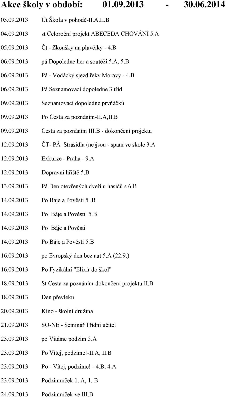 B - dokončení projektu 12.09.2013 ČT- PÁ Strašidla (ne)jsou - spaní ve škole 3.A 12.09.2013 Exkurze - Praha - 9.A 12.09.2013 Dopravní hřiště 5.B 13.09.2013 Pá Den otevřených dveří u hasičů s 6.B 14.