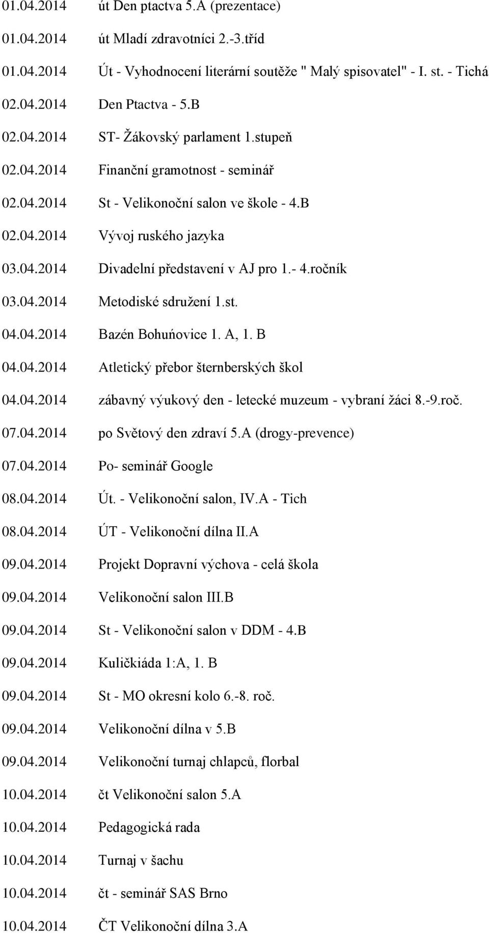 - 4.ročník 03.04.2014 Metodiské sdružení 1.st. 04.04.2014 Bazén Bohuńovice 1. A, 1. B 04.04.2014 Atletický přebor šternberských škol 04.04.2014 zábavný výukový den - letecké muzeum - vybraní žáci 8.