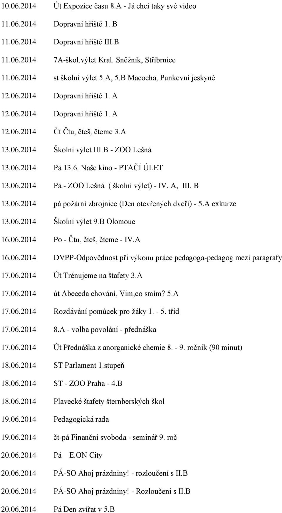 06.2014 Pá - ZOO Lešná ( školní výlet) - IV. A, III. B 13.06.2014 pá požární zbrojnice (Den otevřených dveří) - 5.A exkurze 13.06.2014 Školní výlet 9.B Olomouc 16.06.2014 Po - Čtu, čteš, čteme - IV.
