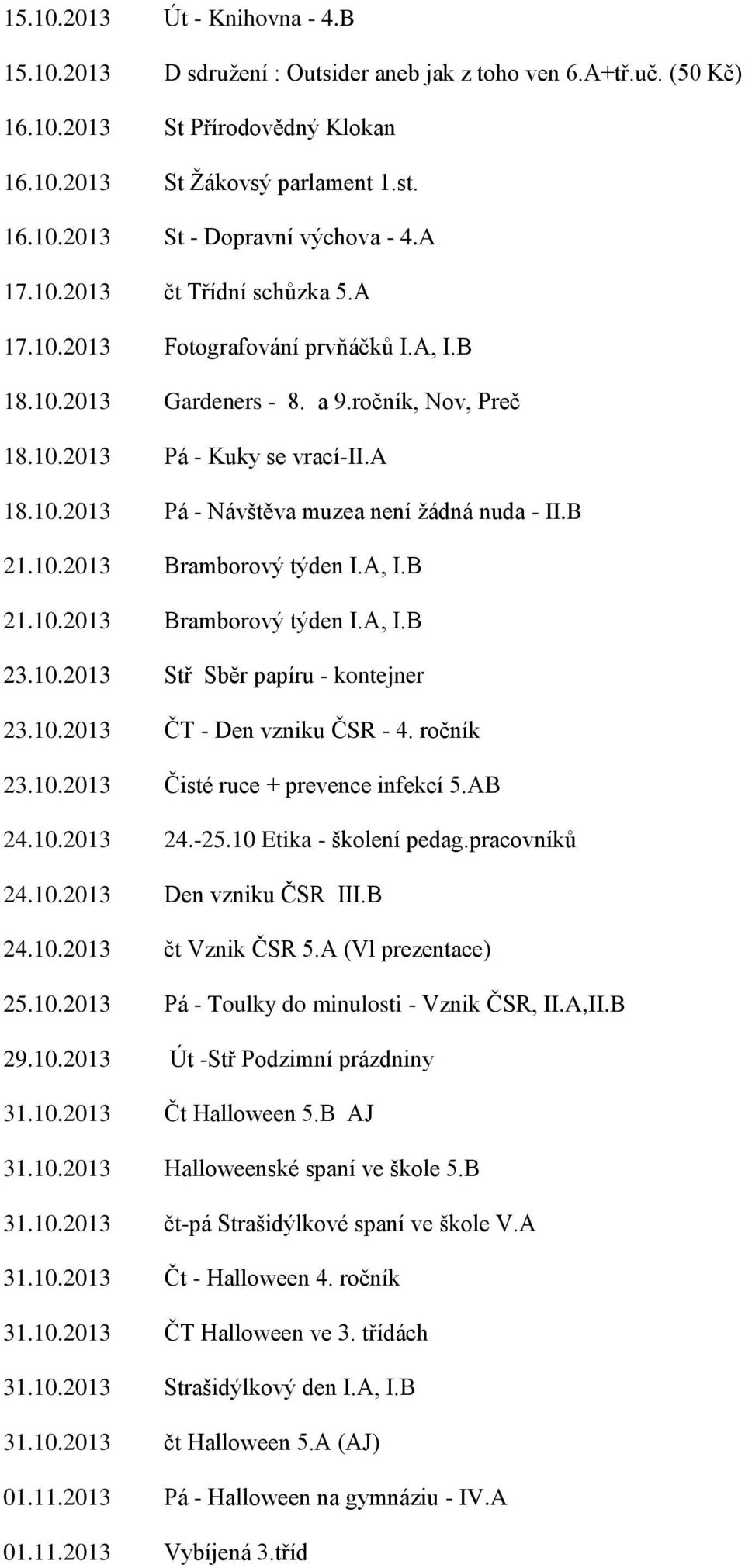 B 21.10.2013 Bramborový týden I.A, I.B 21.10.2013 Bramborový týden I.A, I.B 23.10.2013 Stř Sběr papíru - kontejner 23.10.2013 ČT - Den vzniku ČSR - 4. ročník 23.10.2013 Čisté ruce + prevence infekcí 5.