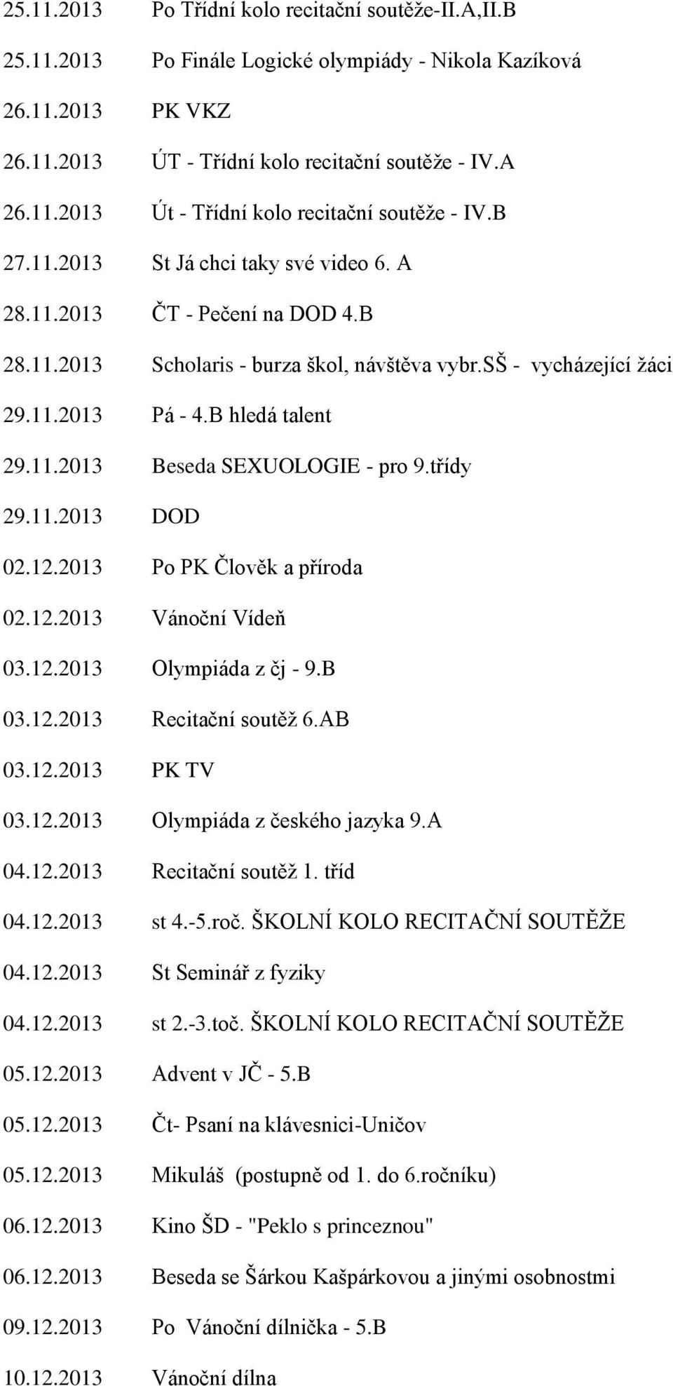 třídy 29.11.2013 DOD 02.12.2013 Po PK Člověk a příroda 02.12.2013 Vánoční Vídeň 03.12.2013 Olympiáda z čj - 9.B 03.12.2013 Recitační soutěž 6.AB 03.12.2013 PK TV 03.12.2013 Olympiáda z českého jazyka 9.