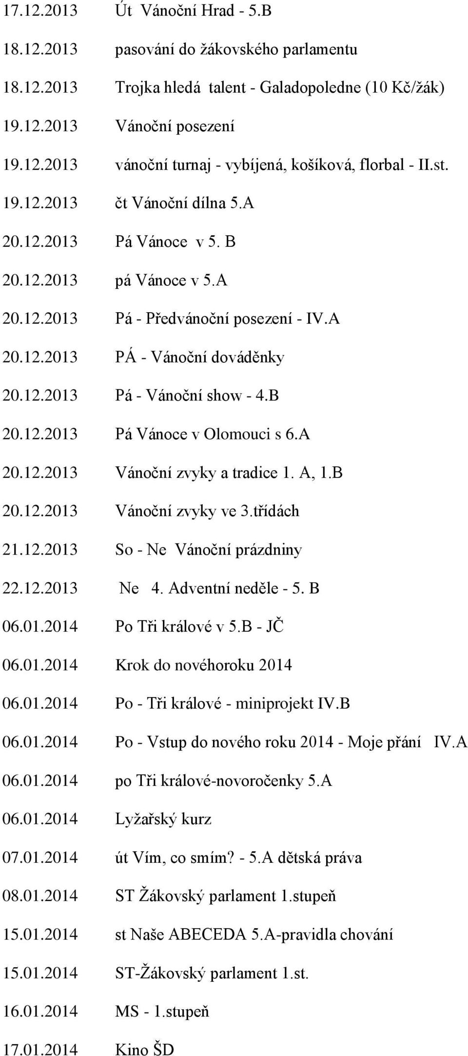 B 20.12.2013 Pá Vánoce v Olomouci s 6.A 20.12.2013 Vánoční zvyky a tradice 1. A, 1.B 20.12.2013 Vánoční zvyky ve 3.třídách 21.12.2013 So - Ne Vánoční prázdniny 22.12.2013 Ne 4. Adventní neděle - 5.