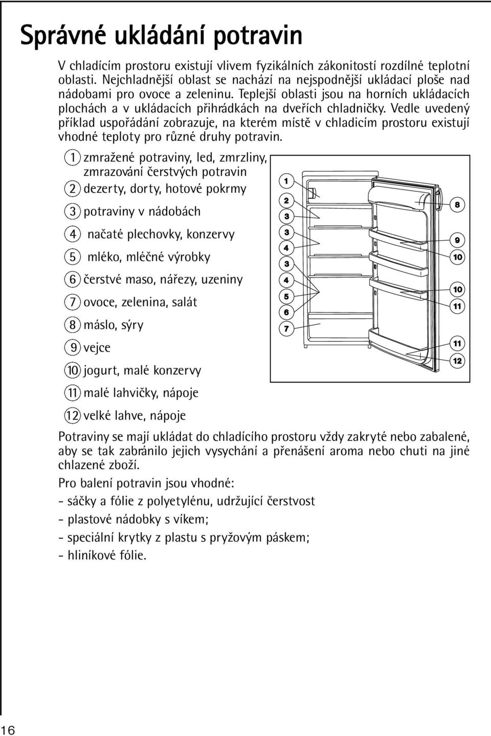 Vedle uvedený pøíklad uspoøádání zobrazuje, na kterém místì v chladicím prostoru existují vhodné teploty pro rùzné druhy potravin.