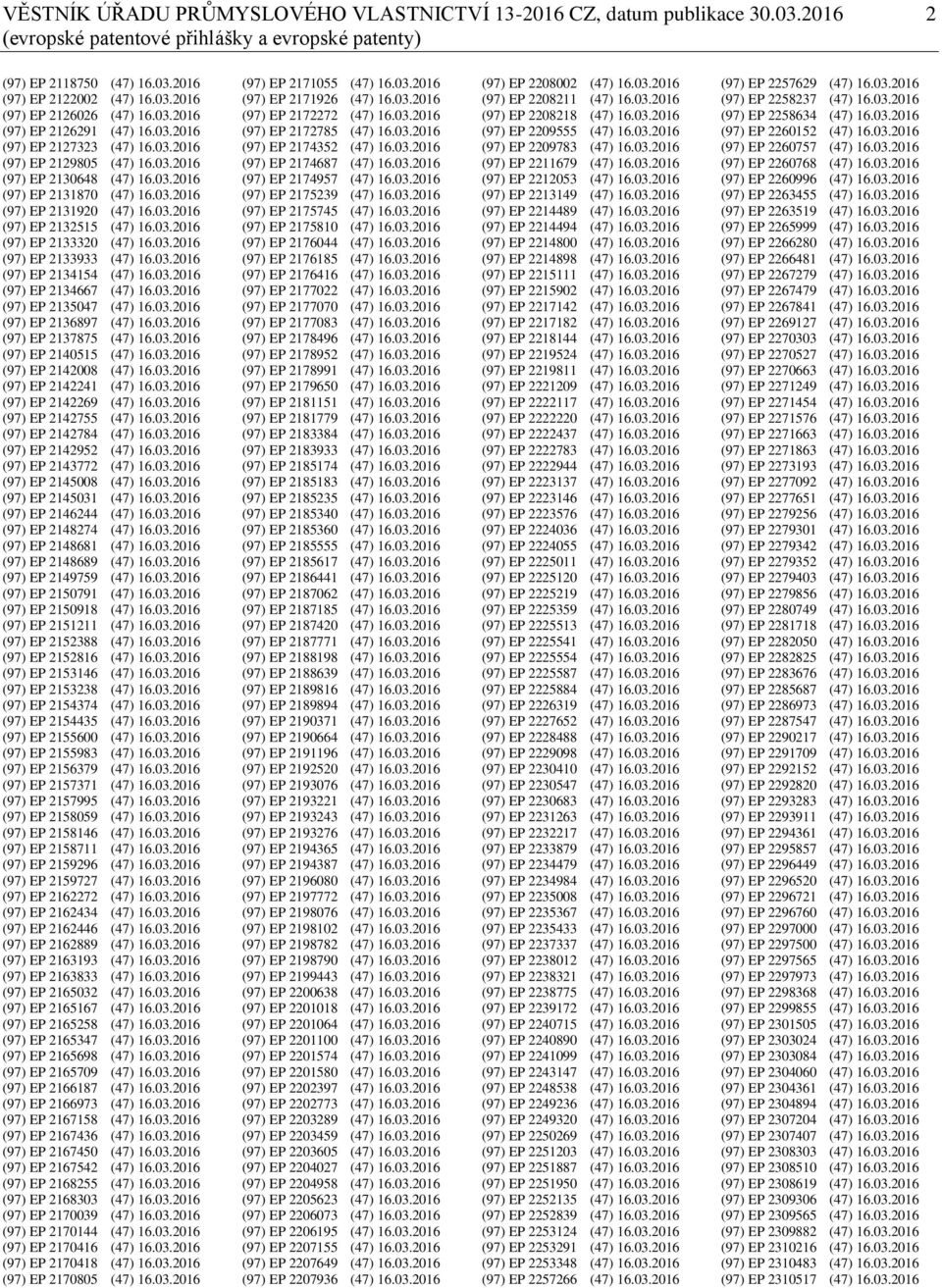 03.2016 (97) EP 2133320 (47) 16.03.2016 (97) EP 2133933 (47) 16.03.2016 (97) EP 2134154 (47) 16.03.2016 (97) EP 2134667 (47) 16.03.2016 (97) EP 2135047 (47) 16.03.2016 (97) EP 2136897 (47) 16.03.2016 (97) EP 2137875 (47) 16.