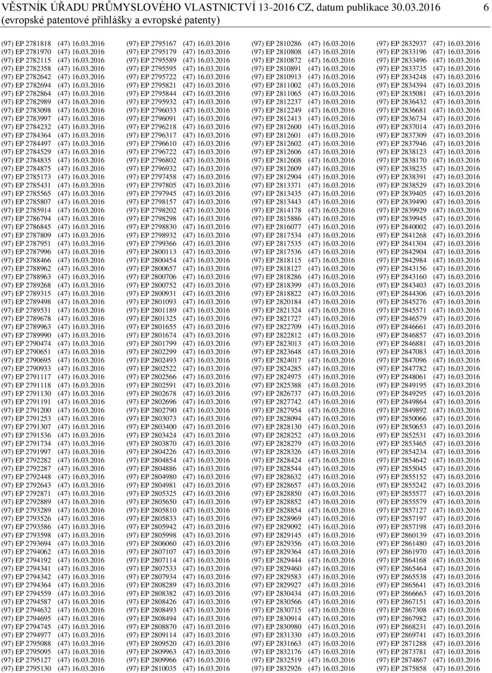 03.2016 (97) EP 2784232 (47) 16.03.2016 (97) EP 2784364 (47) 16.03.2016 (97) EP 2784497 (47) 16.03.2016 (97) EP 2784529 (47) 16.03.2016 (97) EP 2784835 (47) 16.03.2016 (97) EP 2784875 (47) 16.03.2016 (97) EP 2785173 (47) 16.