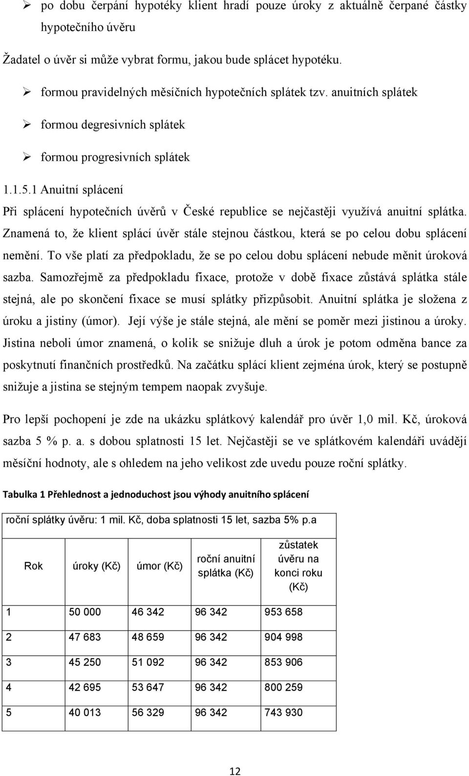 1 Anuitní splácení Při splácení hypotečních úvěrů v České republice se nejčastěji vyuţívá anuitní splátka.