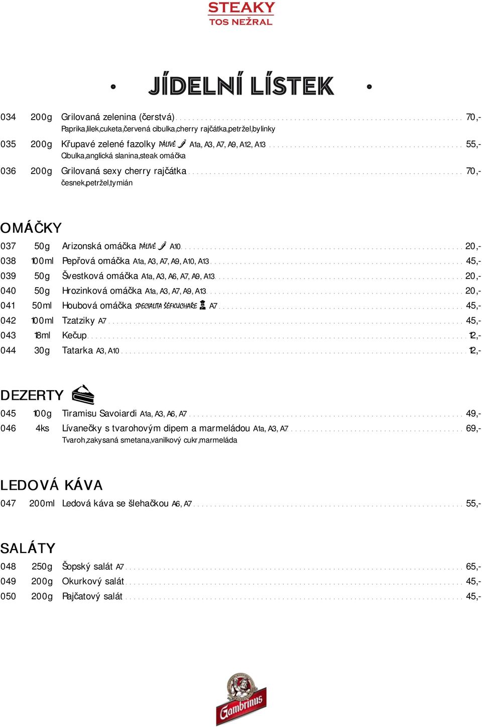 Pepřová omáčka A1a, A3, A7, A9, A10, A13 45,- Švestková omáčka A1a, A3, A6, A7, A9, A13 20,- Hrozinková omáčka A1a, A3, A7, A9, A13 20,- Houbová omáčka A7 45,- Tzatziky A7 45,- Kečup 12,- Tatarka A3,