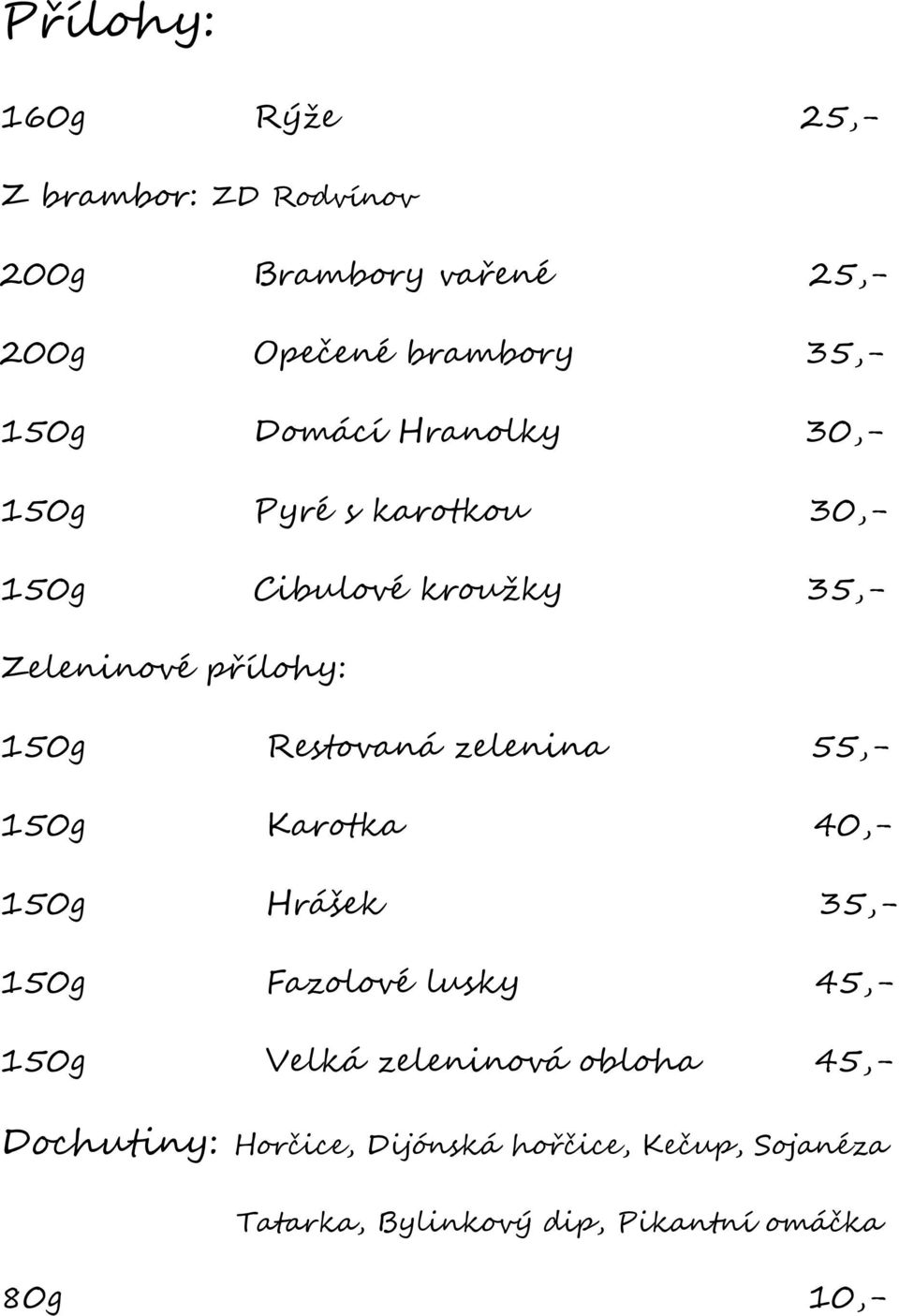 Restovaná zelenina 55,- 150g Karotka 40,- 150g Hrášek 35,- 150g Fazolové lusky 45,- 150g Velká zeleninová