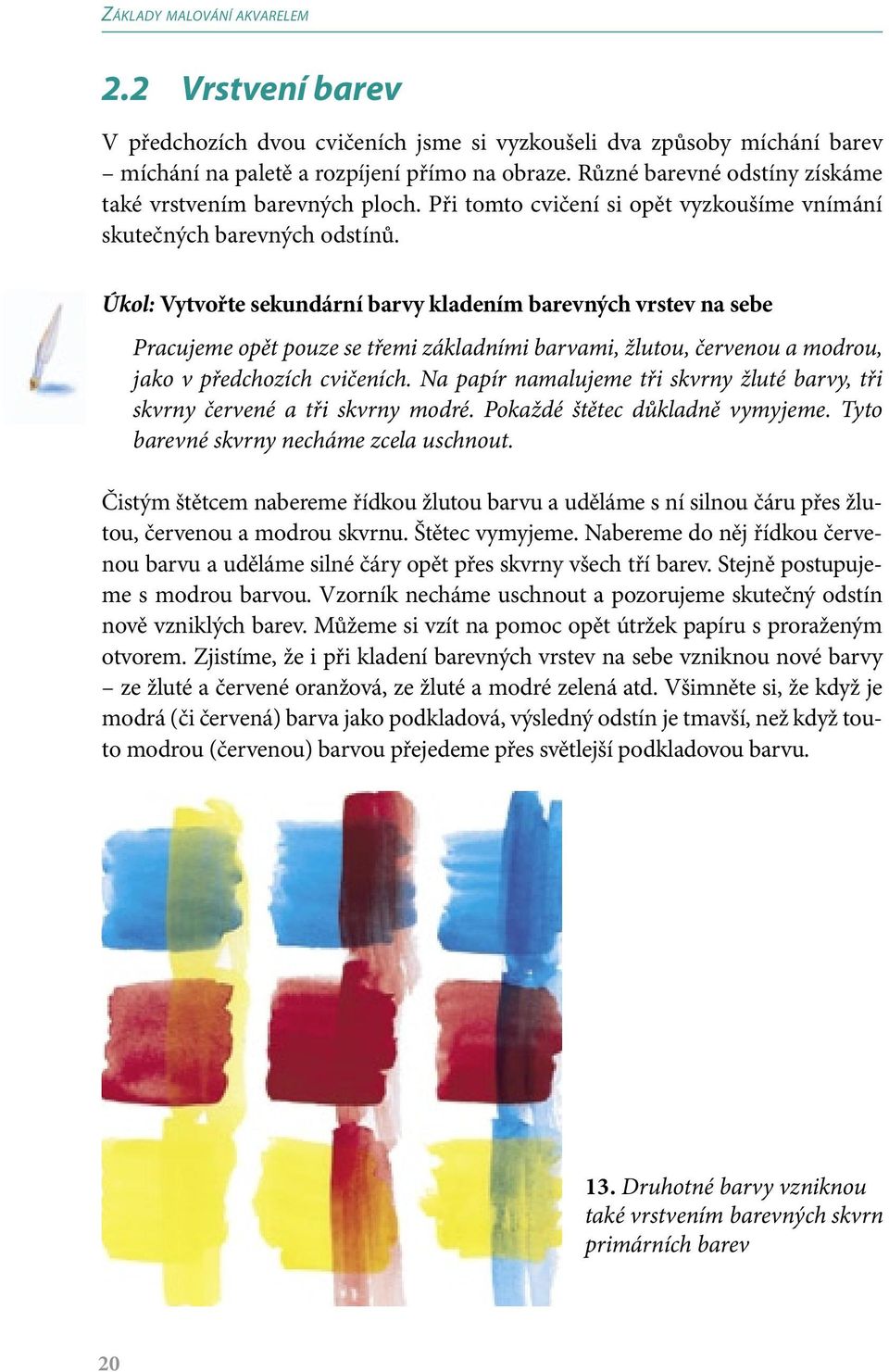 Úkol: Vytvořte sekundární barvy kladením barevných vrstev na sebe Pracujeme opět pouze se třemi základními barvami, žlutou, červenou a modrou, jako v předchozích cvičeních.