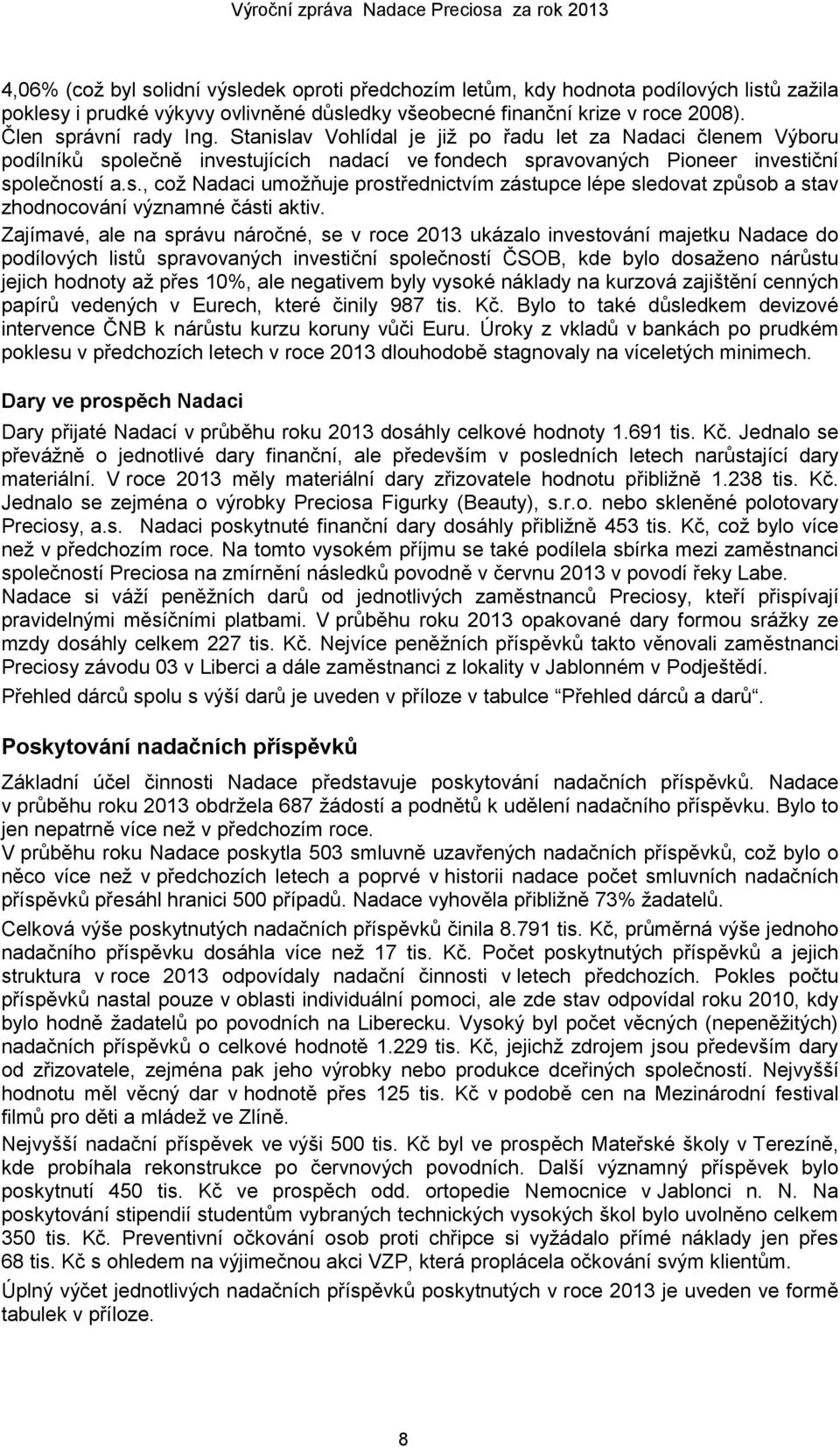 Zajímavé, ale na správu náročné, se v roce 2013 ukázalo investování majetku Nadace do podílových listů spravovaných investiční společností ČSOB, kde bylo dosaženo nárůstu jejich hodnoty až přes 10%,