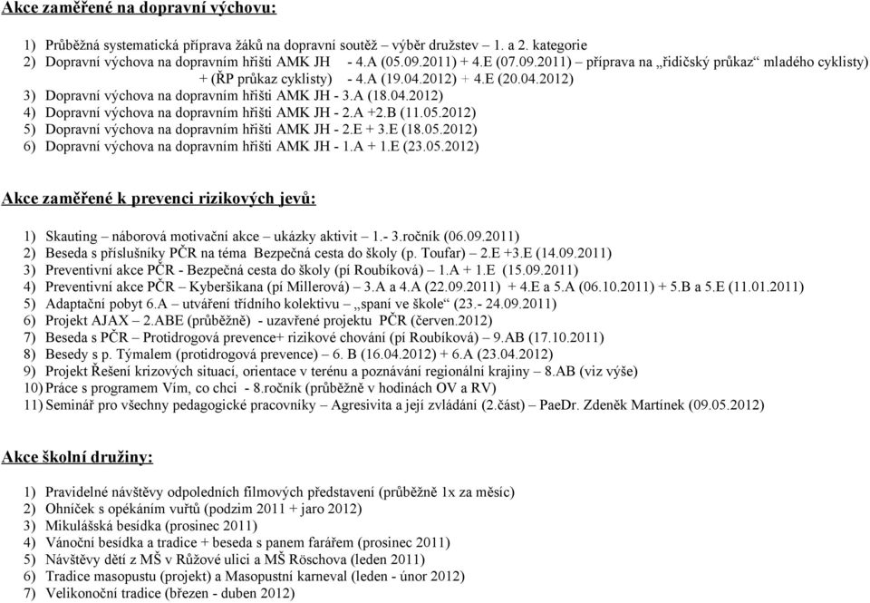 A +2.B (11.05.2012) 5) Dopravní výchova na dopravním hřišti AMK JH - 2.E + 3.E (18.05.2012) 6) Dopravní výchova na dopravním hřišti AMK JH - 1.A + 1.E (23.05.2012) Akce zaměřené k prevenci rizikových jevů: 1) Skauting náborová motivační akce ukázky aktivit 1.