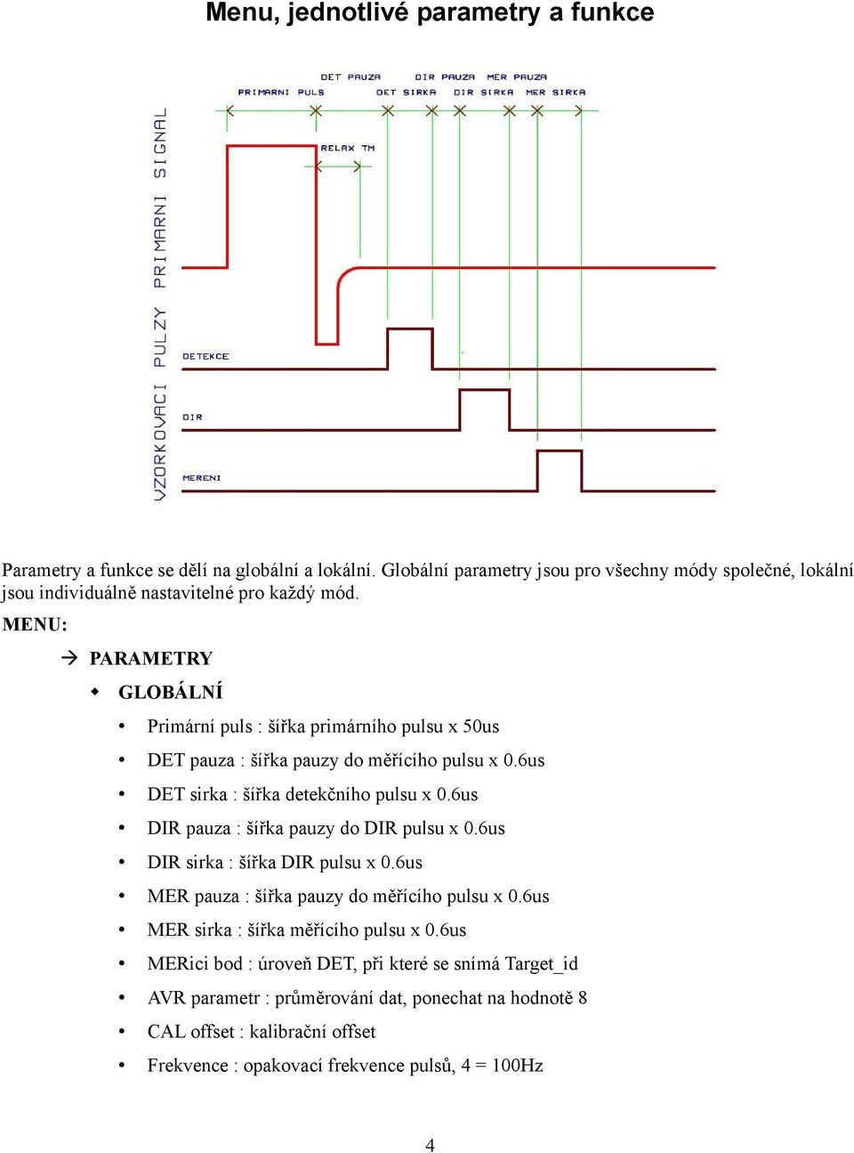 MENU: PARAMETRY GLOBÁLNÍ Primární puls : šířka primárního pulsu x 50us DET pauza : šířka pauzy do měřícího pulsu x 0.6us DET sirka : šířka detekčního pulsu x 0.