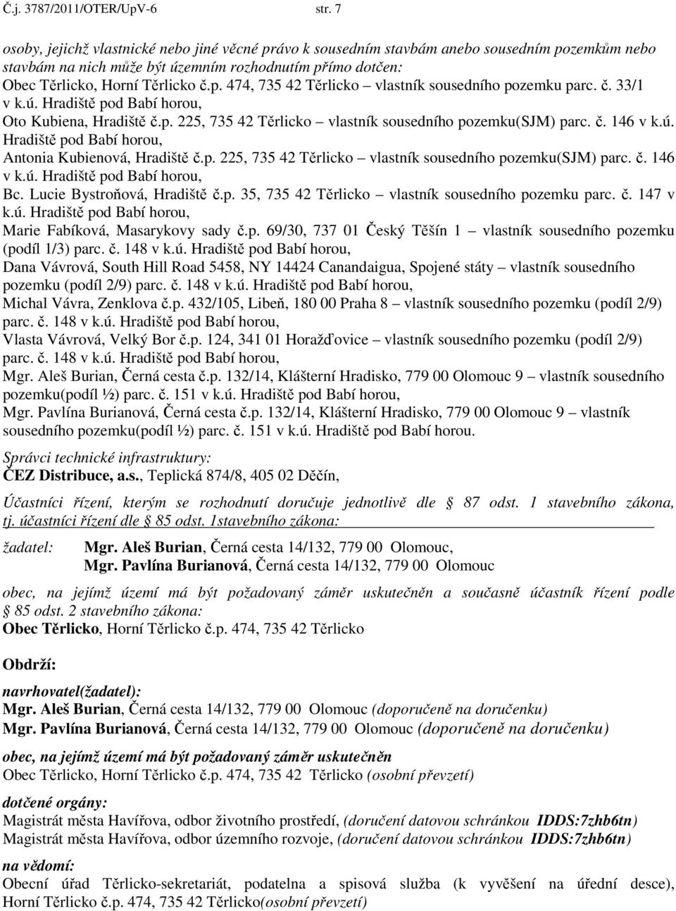 č. 33/1 v k.ú. Hradiště pod Babí horou, Oto Kubiena, Hradiště č.p. 225, 735 42 Těrlicko vlastník sousedního pozemku(sjm) parc. č. 146 v k.ú. Hradiště pod Babí horou, Antonia Kubienová, Hradiště č.p. 225, 735 42 Těrlicko vlastník sousedního pozemku(sjm) parc. č. 146 v k.ú. Hradiště pod Babí horou, Bc.