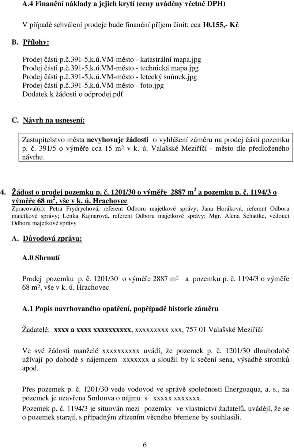 jpg Dodatek k žádosti o odprodej.pdf C. Návrh na usnesení: Zastupitelstvo města nevyhovuje žádosti o vyhlášení záměru na prodej části pozemku p. č. 391/5 o výměře cca 15 m 2 v k. ú.