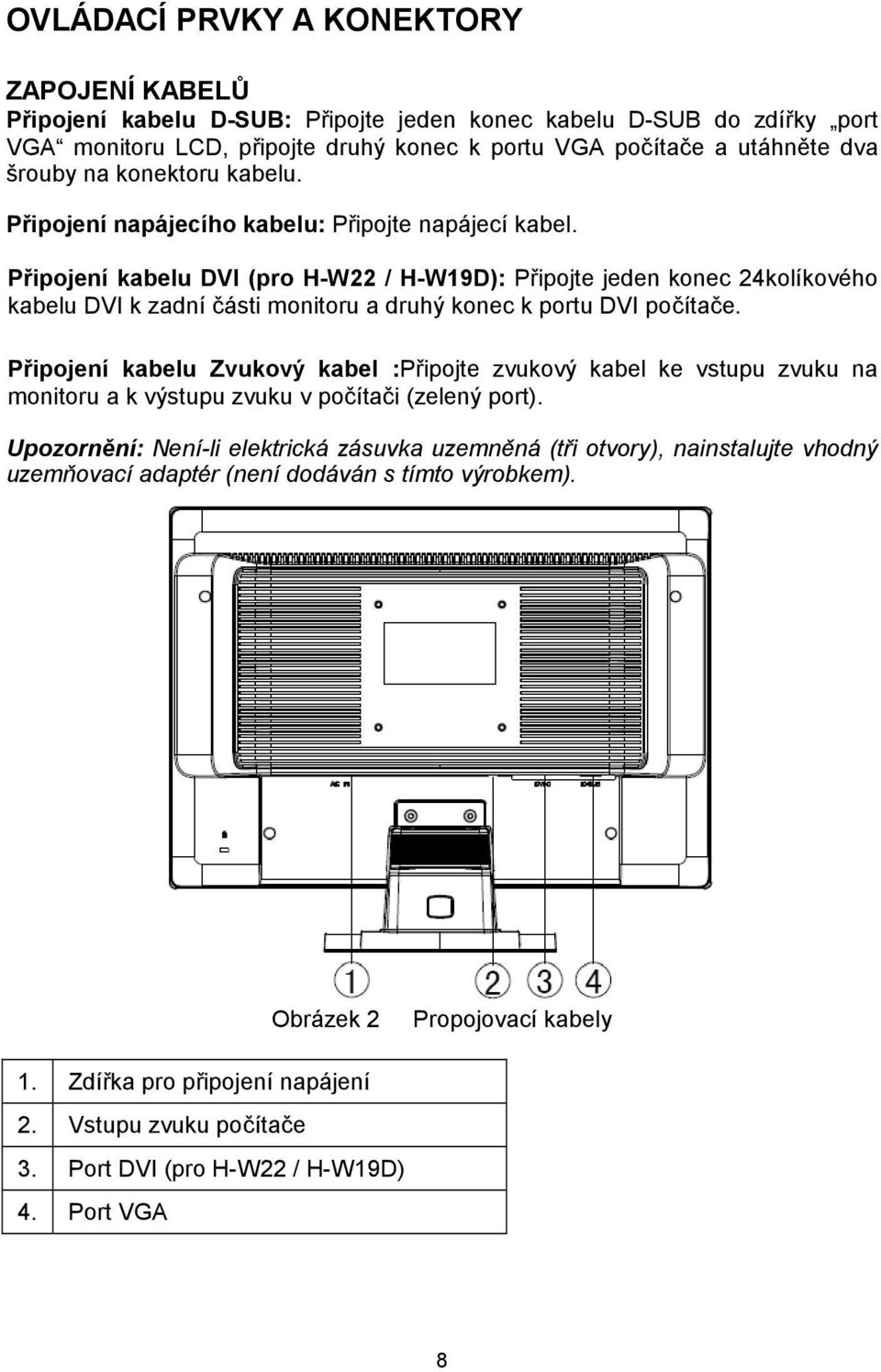 Připojení kabelu DVI (pro H-W22 / H-W19D): Připojte jeden konec 24kolíkového kabelu DVI k zadní části monitoru a druhý konec k portu DVI počítače.