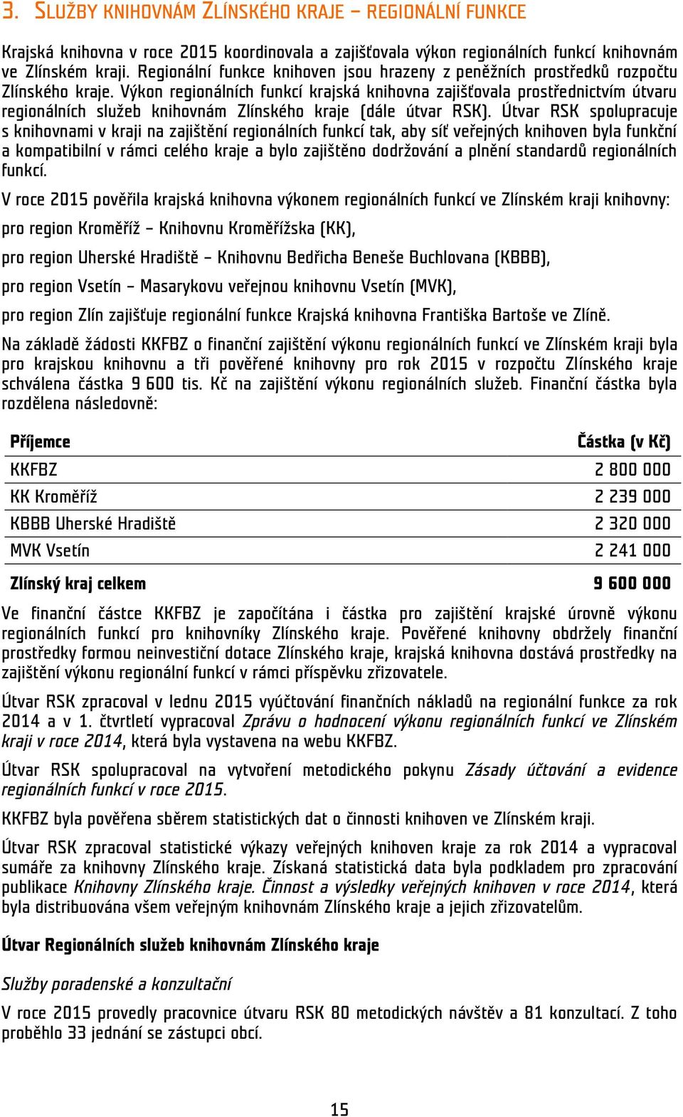 Výkon regionálních funkcí krajská knihovna zajišťovala prostřednictvím útvaru regionálních služeb knihovnám Zlínského kraje (dále útvar RSK).