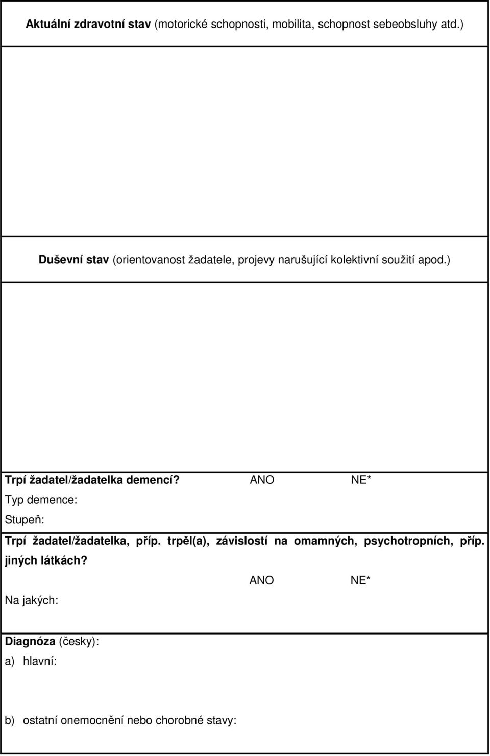 ) Trpí žadatel/žadatelka demencí? ANO NE* Typ demence: Stupeň: Trpí žadatel/žadatelka, příp.