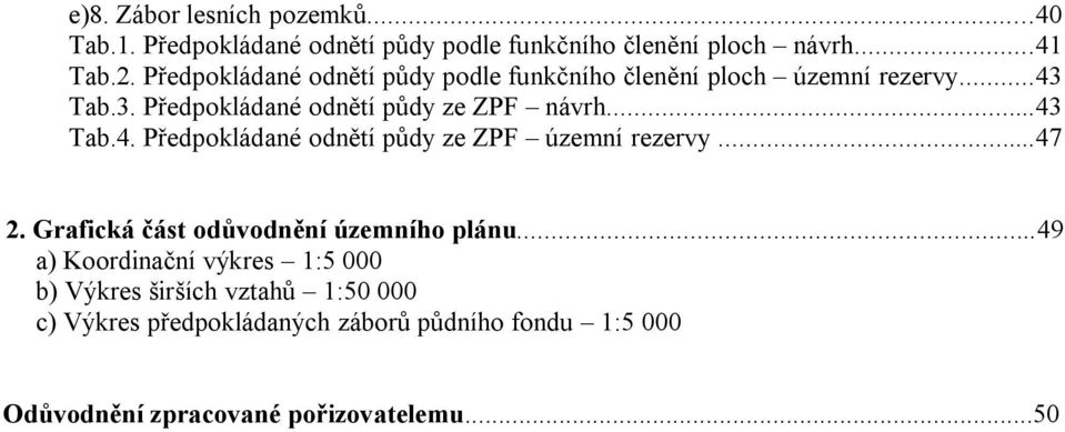 ..43 Tab.4. Předpokládané odnětí půdy ze ZPF územní rezervy...47 2. Grafická část odůvodnění územního plánu.