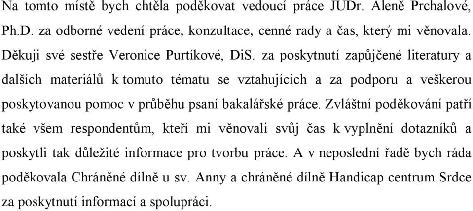 za poskytnutí zapůjčené literatury a dalších materiálů k tomuto tématu se vztahujících a za podporu a veškerou poskytovanou pomoc v průběhu psaní bakalářské práce.