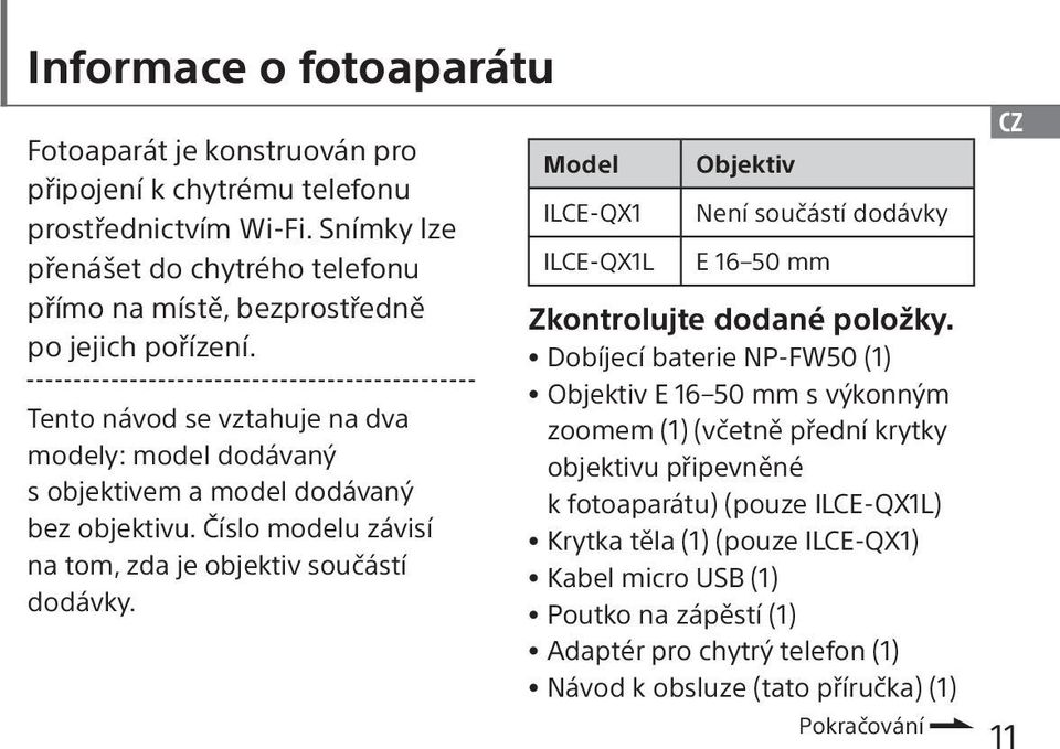 Číslo modelu závisí na tom, zda je objektiv součástí dodávky. Model ILCE-QX1 ILCE-QX1L Objektiv Není součástí dodávky E 16 50 mm Zkontrolujte dodané položky.