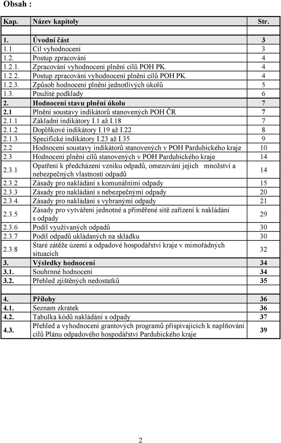 18 7 2.1.2 Doplňkové indikátory I.19 až I.22 8 2.1.3. Specifické indikátory I.23 až I.35 9 2.2 Hodnocení soustavy indikátorů stanovených v POH Pardubického kraje 10 2.
