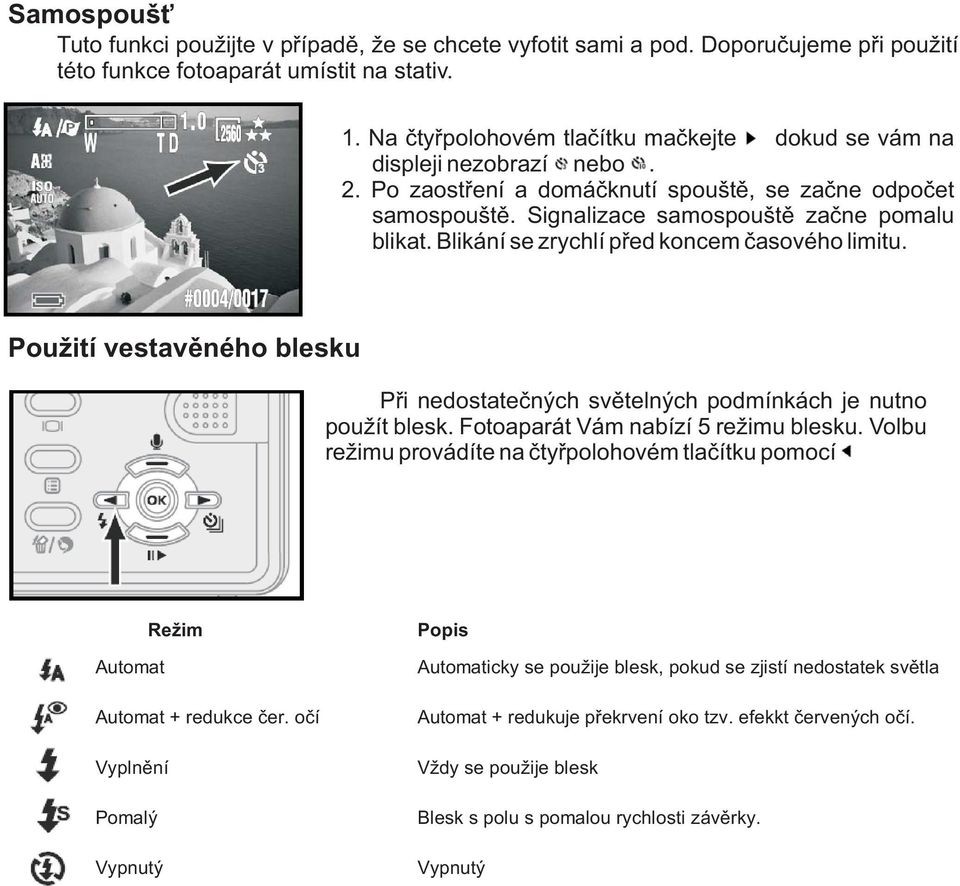 Blikání se zrychlí pøed koncem èasového limitu. Pouití vestavìného blesku Pøi nedostateèných svìtelných podmínkách je nutno pouít blesk. Fotoaparát Vám nabízí 5 reimu blesku.