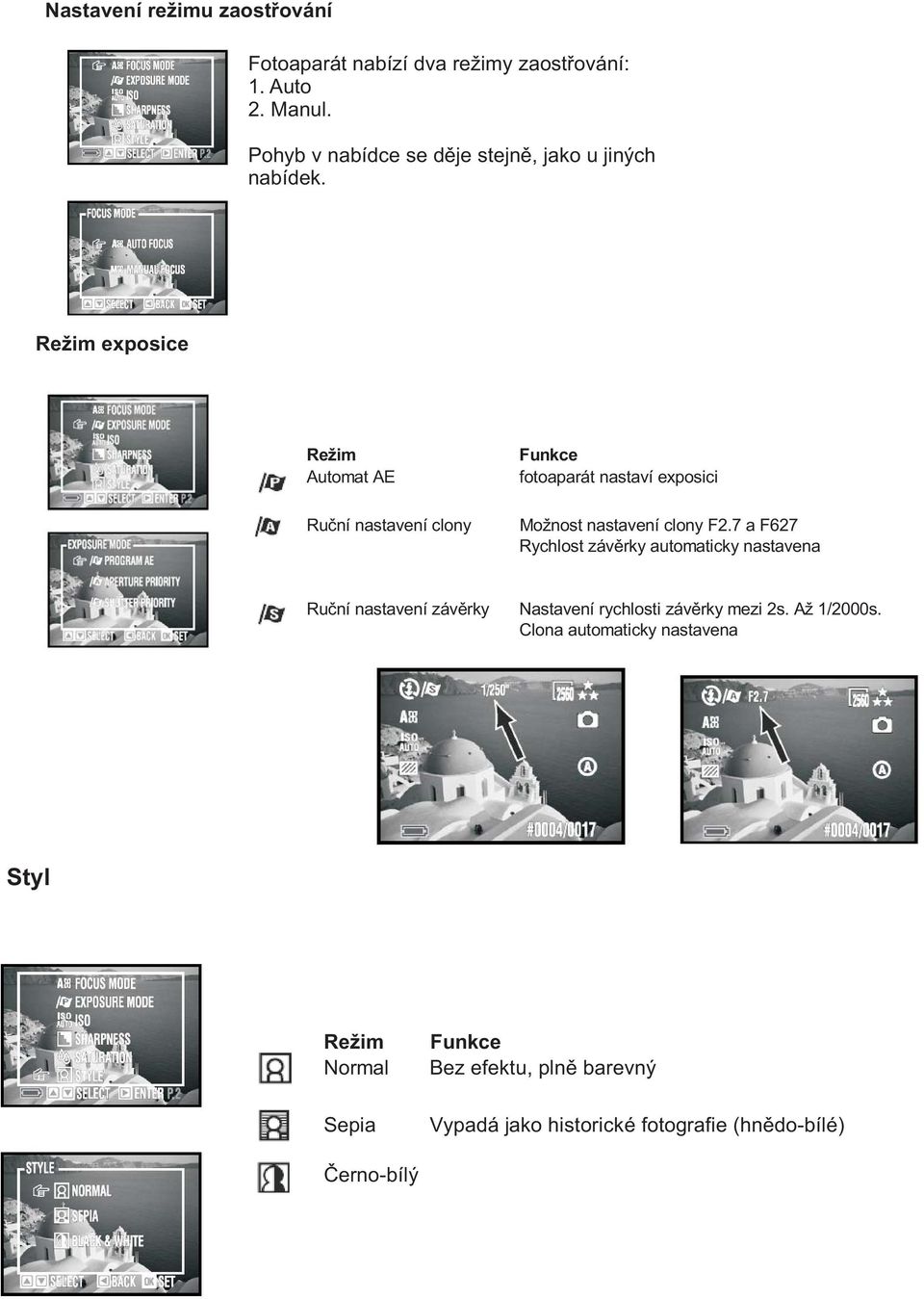 Reim exposice Reim Automat AE Ruèní nastavení clony Funkce fotoaparát nastaví exposici Monost nastavení clony F2.