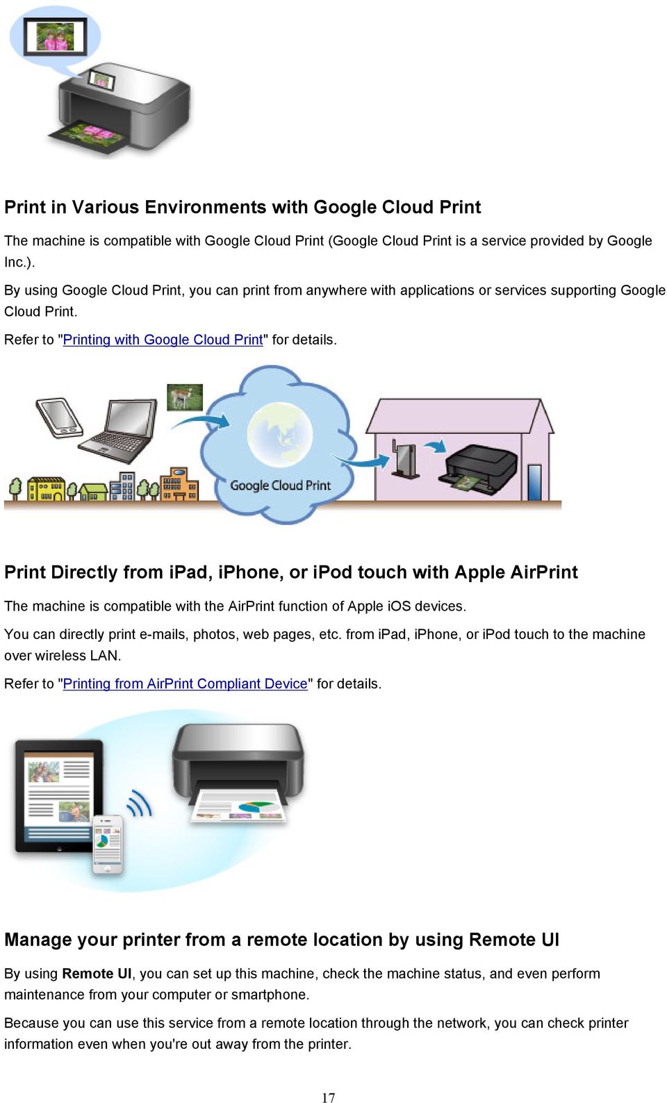 Print Directly from ipad, iphone, or ipod touch with Apple AirPrint The machine is compatible with the AirPrint function of Apple ios devices. You can directly print e-mails, photos, web pages, etc.