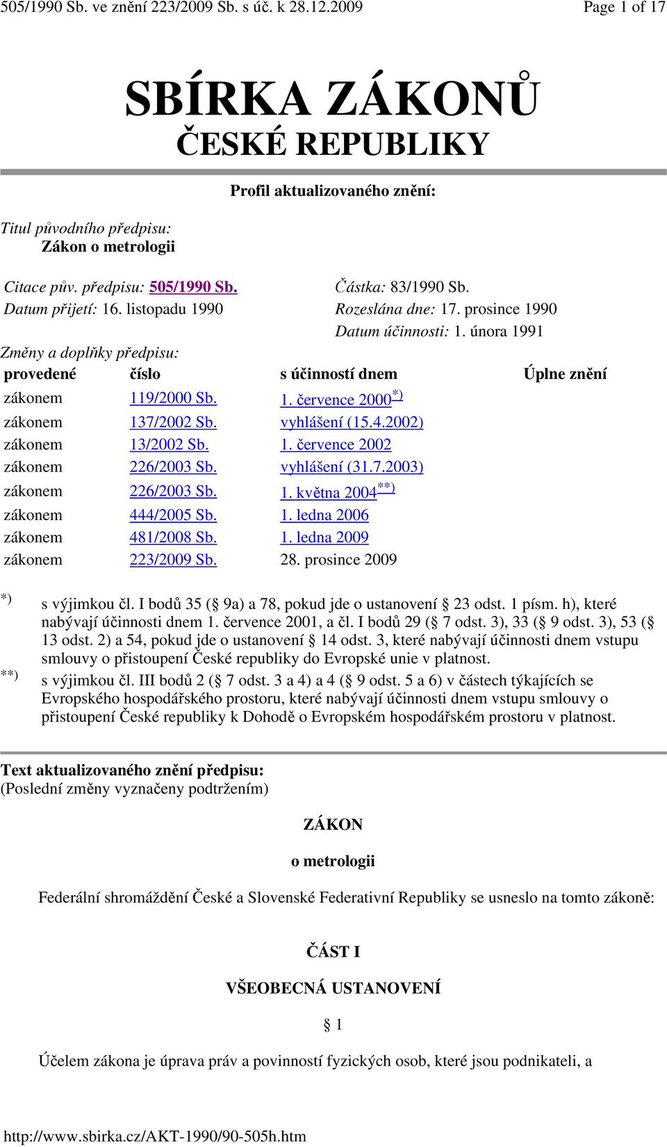 vyhlášení (15.4.2002) zákonem 13/2002 Sb. 1. července 2002 zákonem 226/2003 Sb. vyhlášení (31.7.2003) zákonem 226/2003 Sb. 1. května 2004 **) zákonem 444/2005 Sb. 1. ledna 2006 zákonem 481/2008 Sb. 1. ledna 2009 zákonem 223/2009 Sb.