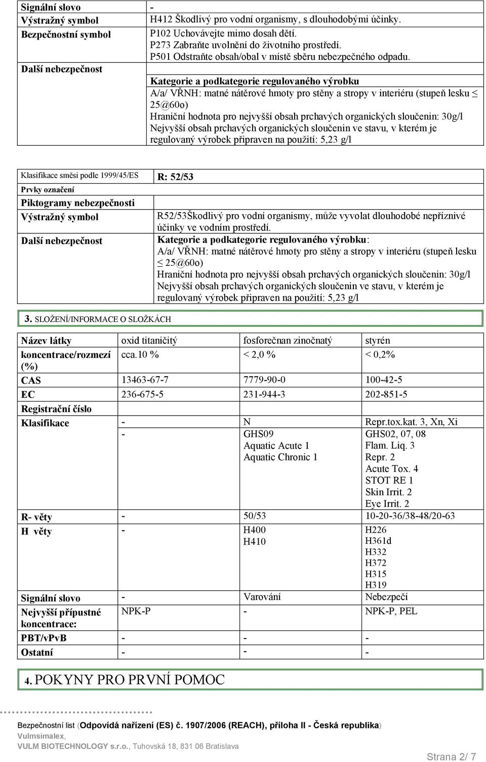 Další nebezpečnost Kategorie a podkategorie regulovaného výrobku A/a/ VŘNH: matné nátěrové hmoty pro stěny a stropy v interiéru (stupeň lesku 25@60o) Hraniční hodnota pro nejvyšší obsah prchavých